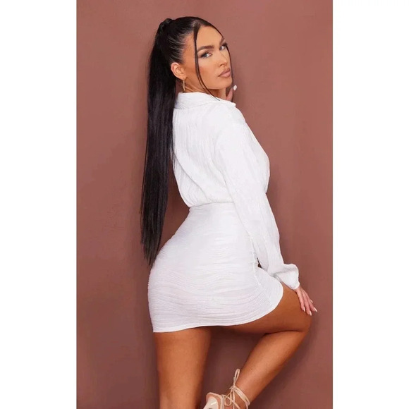 PrettyLittleThing White Long Sleeve Textured Mini Dress / XS - Picture 3 of 3
